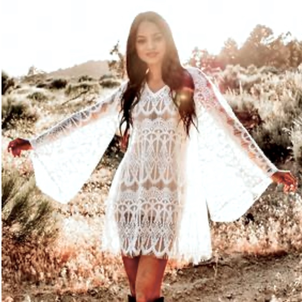 White Lace Bell Sleeve Boho Dress